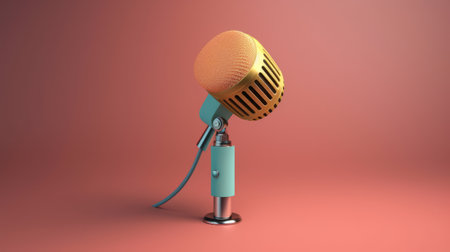 a photorealistic rendering of a three-dimensional old-fashioned microphone, designed in a light orange and light cyan color scheme. the microphone showcases organic sculpting techniques with a touch of dark pink and yellow accents. created by artist atey ghailan, this simplistic cartoon-style microphone beautifully incorporates the use of light and shadow. ai generatedの素材
