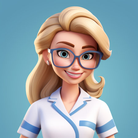 a cartoon girl wearing glasses in a lab coat, smiling, stands out with hyper-realistic details and a cartoony character design. the sculpted and realistic portrayal of the character is enhanced by the dotted, volumetric lighting, creating a visually captivating image. ai generatedの素材