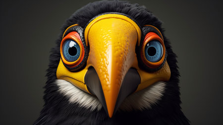 a black-eyed cuckoo head with a vibrant yellow beak captured by jim julise. this hyper-realistic portrait, rendered in cinema4d with vray tracing, showcases expressive character designs. the cartoon-like character stands out against a background reminiscent of security camera art, with a captivating low depth of field. ai generatedの素材