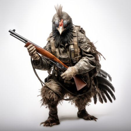 a rooster in a military uniform, wielding an image gun, stands tall in this dark fantasy creature-inspired studio photograph. the spiky mounds and avian-themed elements add to the elaborate and violent nature of the costume. with an rtx on, this image captures the unique and captivating essence of this fierce and commanding rooster. ai generatedの素材