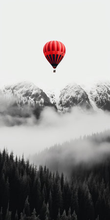 a hot air balloon gracefully floats amidst the clouds, captured in a stunning black and white realism style. the dark, white, and red tones create a visually striking image, reminiscent of the vancouver school of art. the minimalist background highlights the balloon's beauty, while the uhd resolution showcases every intricate detail. this nature-inspired installation perfectly captures the serene beauty of snow scenes. ai generatedの素材