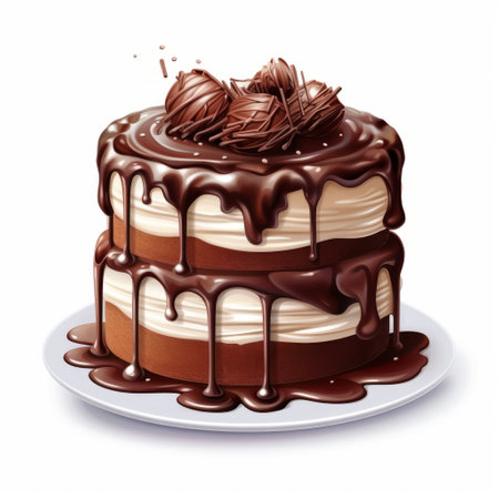a layered chocolate cake with dripping milk and rich cream on a plate. this hyperrealistic illustration showcases striped arrangements and energy-filled details. the glossy finish adds to the highly detailed and visually appealing nature of this illustration. ai generatedの素材
