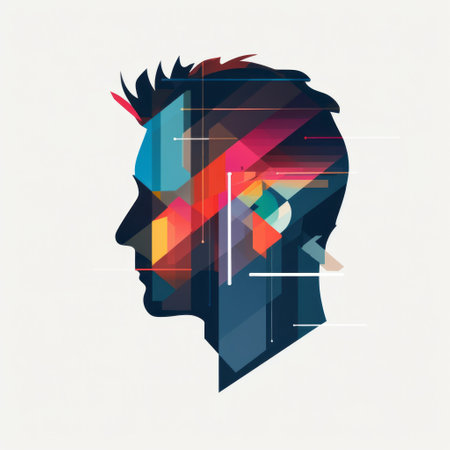 a conceptual illustration featuring a person in the style of prismatic portraits, modern geometrics, split toning, subtle gradients, fragmented icons, modern pop culture, and strong use of color. ai generatedの素材