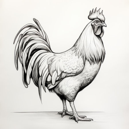 a hyper-realistic drawing of a rooster standing in a sketch style, featuring dark white and light gray tones. the artwork showcases clean and sharp inking, with exaggerated proportions. created by renowned artists peter bagge and sebastian errazuriz, this high-resolution (8k) illustration captures the intricate details of the rooster's features. ai generatedの素材
