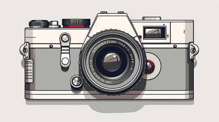 a photograph camera sketch vector art illustration featuring light gray and light beige colors. the style is inspired by pop art, with minimalistic symmetry and bold, cartoonish lines. the image showcases the use of provia film and tilt-shift lenses, while maintaining classical proportions. ai generatedの素材