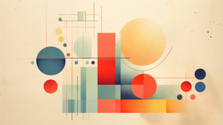 a cartoon design featuring circles of vibrant colors, reminiscent of suprematist geometric shapes. the artwork showcases subtle atmospheric perspective and is captured using redscale film, adding a touch of vintage charm. this piece beautifully combines revived historic art forms with modern elements like data visualization. the color palette includes light sky-blue and amber, creating a captivating mid-century illustration. ai generatedの素材