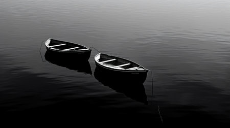 two boats gracefully glide on the water, showcasing a captivating blend of dark, white, and black tones. this mesmerizing image, captured in 8k resolution, exudes a sense of tranquility with its shadowy stillness. the monochromatic color schemes and minimalistic symmetry add an artistic touch, evoking a romantic emotivity. ai generatedの素材