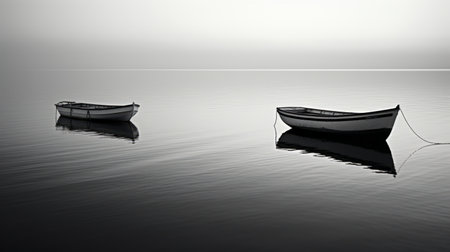 boats peacefully anchored in a serene, minimalist black and white lagoon, creating a soft and dreamy atmosphere. this tranquil scene, captured with the use of ferrania p30 film, evokes a sense of calm and meditation. reminiscent of the serene seascapes often depicted by berndnaut smilde, this photo is available under the creative commons attribution license. ai generatedの素材