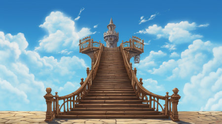 a whimsical anime-inspired photo of a stair in the sky, showcasing the intricate details of a realistic hyper-detailed rendering. the bronze and azure color palette adds a touch of elegance, reminiscent of rococo realms. this unique image combines elements of rusticcore and cartoon mis-en-scene, creating a captivating visual experience. ai generatedの素材