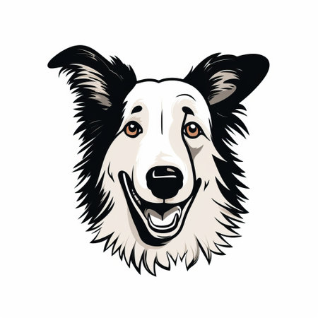 a cartoon border collie chibi, depicted in a portraiture iconography style with woodcut-inspired graphics. the photo showcases minimal retouching and a white background, resulting in a high-quality image. the joyful and optimistic expression of the dog adds to its charm. this photo is reminiscent of shepard fairey's artistic style. ai generatedの素材