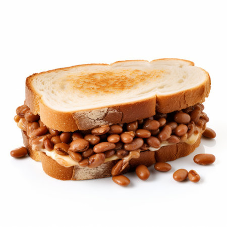 a stack of buns and beans in a sandwich, showcasing functionality emphasis and childhood arcadias. this iconic 1970s-style image captures the essence of cut and paste art, with a touch of tenebrism. the creased texture adds depth and character to the composition. ai generatedの素材