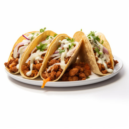 tacos with chicken and elote filling are showcased in this photo. the white background, rollerwave effect, and softbox lighting create a visually appealing atmosphere. vignetting adds a touch of depth, while the light purple and light bronze tones enhance the overall composition. layered fibers and wet-on-wet blending techniques contribute to the artistic presentation of the image. ai generatedの素材
