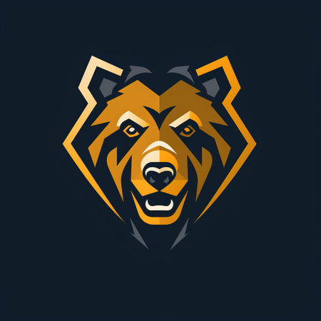 a bear head, with sharp angles and a streamlined design, is depicted on a black background. the style of the artwork features light navy and light amber colors, creating a vibrant contrast. the clean and simple designs showcase angular simplicity, while the yellow and bronze color blocks add a touch of vibrancy to the overall composition. ai generatedの素材