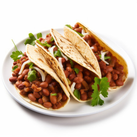 mexican vegetarian tacos and ingredients, including a spoon, are beautifully arranged on a white plate. the composition of the photo is reminiscent of the style of edward poynter, with a light maroon color palette. the influence of mike judge and group f64 can be seen in the white background, which is dotted and streaked. ai generatedの素材