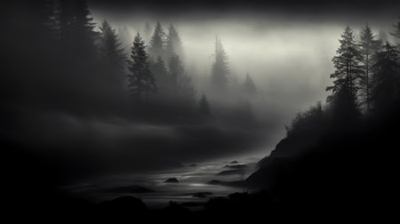 a captivating black and white photograph captures a mesmerizing scene of fog-shrouded trees. this image evokes the romanticized depictions of wilderness, with its dark and foreboding colors. the riverscape adds a touch of romance to the high tonal range and light painting techniques used to create this atmospheric vision. step into this enchanting realm and be transported to a captivating world. ai generatedの素材