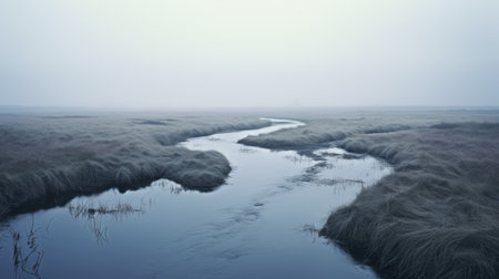 a river flows gracefully through a picturesque field of lush green grass, creating an ethereal and otherworldly atmosphere. the landscape is adorned with shades of dark gray and light cyan, reminiscent of hazy coastal scenery. the organic formations and the 8k resolution capture the beauty of this scene, inspired by the renowned architect antti lovag. ai generatedの素材