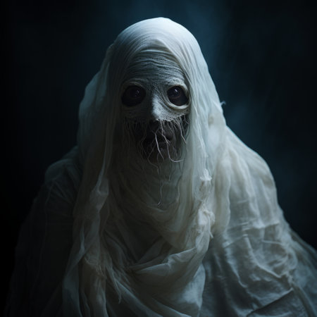 the dark halloween photo captures the creepy ghosts of the uhh, halloween, in a social media portraiture style. the image showcases creased, crinkled, and wrinkled gossamer fabrics in an ivory hue. this national geographic photo is wrapped in an eerie atmosphere, reminiscent of firecore. ai generatedの素材