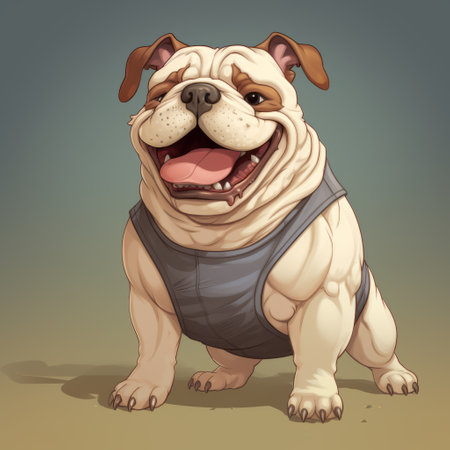 a bulldog, the english bulldog breed, is depicted in this cartoon drawing. the artwork showcases a realistic hyper-detailed rendering with anime-inspired character designs. the image is presented in 32k uhd resolution and features a speedpainting technique. the color palette consists of indigo and beige tones, making the bulldog appear handsome. this artwork can be suitable for 2d game art purposes. ai generatedの素材