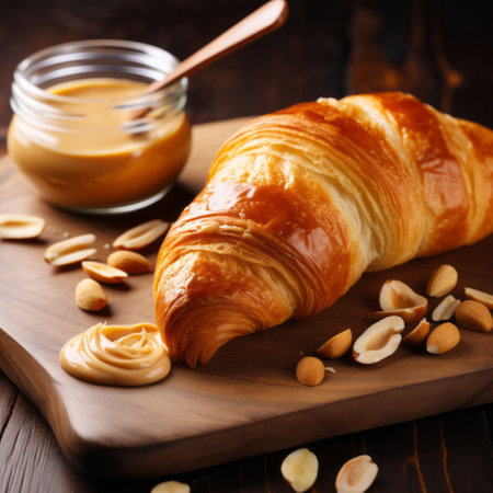 a photo of a croissant with cheese and peanut butter, inspired by the artistic style of magali villeneuve. this image beautifully captures jewish culture themes with a touch of monochromatic mastery reminiscent of stephen shortridge's work. the grandiose color schemes pay homage to beatrix potter, while subtly critiquing consumer culture. ai generatedの素材