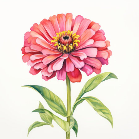 a watercolor painting of a pink flower with green leaves, showcasing the style of colorful realism. this detailed character illustration features light red and dark orange hues, reminiscent of architectural illustrations. set against a white background, the bold color field captures the essence of revived historic art forms. ai generatedの素材