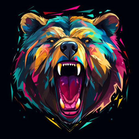 colorful bear head with a vibrant background of colors and teeth, inspired by the artistic style of dan mumford and sergey musin. this playful character design combines realistic yet stylized elements, showcasing intense movement expression and an explosive wildlife vibe. ai generatedの素材