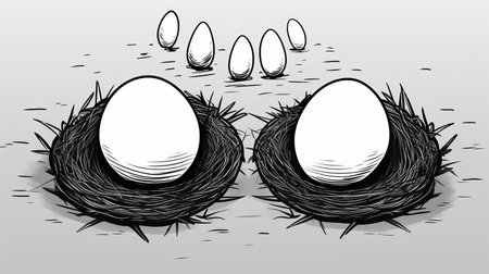 a pair of eggs rests in an empty nest, depicted in a graphic novel-inspired illustration. the artwork showcases a combination of dark white and white tones, with multiple perspectives adding depth. the style incorporates bugcore elements, featuring precisionist lines reminiscent of comic cartoons. this unique piece of art can be found on furaffinity. ai generatedの素材