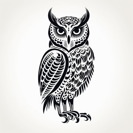 an elegant and intricate black and white owl silhouette is showcased on a clean white background. the flowing patterns and subtle realism of this artwork create a bold traditional style, reminiscent of taxidermy and maori art. the clean and sharp inking adds to the overall striking effect of this captivating image. ai generatedの素材