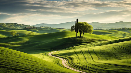 italian countryside with trees and a road in the background, showcasing the organic and flowing forms reminiscent of josh adamski's style. the photo captures the beauty of the landscape with its photo-realistic details, bathed in a soothing palette of light cyan and green. the curvilinear elements add a sense of movement and harmony to the scene. rtx on. ai generatedの素材