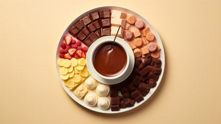 ice cream bars, chocolate drops, and a variety of marshmallows are beautifully arranged in a colorful bowl on a plate. this visually stunning composition, captured in a dark yellow and light red color scheme, showcases the artistry of melting pots and large-scale photography. the tonal sharpness and hyper-realistic oil technique used in this image evoke the influence of the les nabis movement. ai generatedの素材