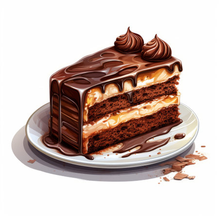 a slice of chocolate cake with a rich chocolate glaze is beautifully presented on a pristine white plate. this hyperrealistic illustration showcases the intricate details of the cake, with its light gold and amber tones. the cabincore-inspired setting adds a cozy touch, while the detailed character illustrations and tintoretto-inspired free brushwork create a visually captivating scene. the background elements are meticulously rendered, completing the overallの素材