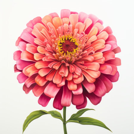 pink zinnia flower with green leaves on a white background, resembling realistic figurative paintings. the flower exhibits exaggerated proportions, with a combination of dark pink and light orange hues. the attention to detail is remarkable, showcasing hyper-realistic and large-scale features. the composition is characterized by symmetrical balance, creating a visually captivating image. ai generatedの素材
