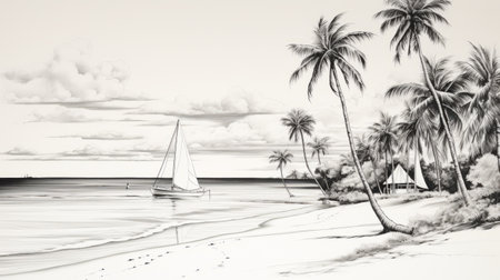a black and white drawing of a tropical beach scene with palm trees, reminiscent of detailed ship sails. the soft color blending and clean, sharp inking create a romantic riverscape. with a flattened perspective and harmonious coloration, this 8k resolution artwork captures the beauty of a tropical paradise. ai generatedの素材