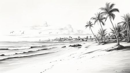 an oil sketch of the beach in black and white, capturing the essence of tonga's natural beauty. this historical illustration showcases intricate details and a hyper-realistic portrayal of bird studies. the ink-wash landscape, rendered in maya, brings a sense of depth and realism to this 8k resolution artwork. ai generatedの素材