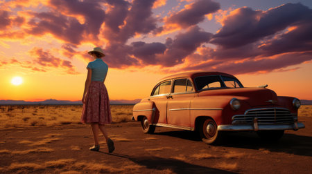 a red car sits on a field, showcasing the vintage portraiture style of daz3d. this australian landscape, captured in an associated press photo, combines traditional street scenes with detailed skies. the image exudes feminine sensibilities, creating a captivating visual experience. ai generatedの素材
