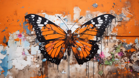 a butterfly painted onto the wall, showcasing gritty urban realism with vibrant orange colors, drips, and splatters. this outdoor art piece carries political symbolism while resembling vibrant stage backdrops. enjoy this high-definition image capturing the essence of urban art. ai generatedの素材