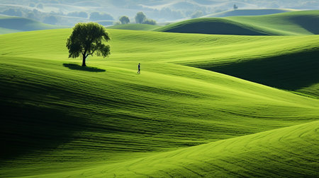 a person stands on top of a green hill, capturing a quiet moment in the style of precisionist italian landscapes. the rectangular fields below create a mesmerizing pattern, resembling swirling vortexes. this breathtaking scene, found on flickr, is truly a testament to the beauty of nature. ai generatedの素材
