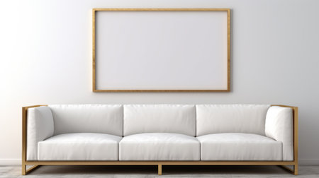 a modern living room featuring a white leather sofa positioned behind a large wooden frame. the photo showcases a white and gold color scheme, with a simplistic cartoon style and large canvas sizes. the design is influenced by minimalistic japanese aesthetics, with soft-focused realism and a screen format. metallic finishes add a touch of elegance to the overall look. ai generatedの素材