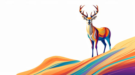 a colorful deer stands on a desert bed in this abstract watercolor vector illustration. the artwork, inspired by the style of ian davenport and optical illusion paintings, features a vibrant and eye-catching composition. with a resolution of 32k uhd, this piece showcases the talent of artist patrick brown and incorporates elements of minimalist backgrounds and embroidery art. ai generatedの素材