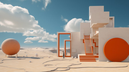 an orange house stands out in the desert landscape, featuring a vibrant orange staircase with numerous stairs. this captivating image showcases the artistic style of ambient occlusion and immersive environments, with ethereal cloudscapes adding to its allure. inspired by the works of miwa komatsu, this minimalist depiction of everyday life is brought to life using the unreal engine, combining elements of ethereal beauty and minimalistの素材
