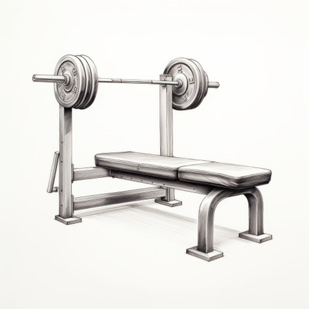 a photorealistic still life drawing of a bench press on a white background. the drawing showcases chrome-plated details and realistic interiors, capturing the aquarellist style. with steel elements and exacting precision, this charming illustration brings the bench press to life. ai generatedの素材