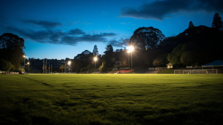 a soccer field at night, illuminated by bright lights, captures the essence of sydney prior hall's luminist landscapes. shot on a 70mm camera with an 8k resolution, this image showcases the beauty of the field. the tokina opera 50mm f14 ff lens perfectly captures the sunrays shining upon the field, reminiscent of the works of granville redmond. ai generatedの素材