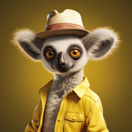 a cute chimpanzee-style lemur wearing a yellow jacket and holding a hat. this charming character illustration showcases photo-realistic techniques and a studio portrait style. created using zbrush and rendered with unreal engine 5, this image features a stylish costume design. captured with a sony alpha a1 camera. ai generatedの素材