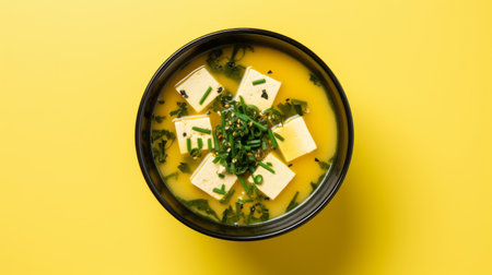 a black bowl filled with tofu soup is placed on a vibrant yellow background. the image, captured with a hasselblad h6d-400c camera, showcases a japanese-inspired aesthetic with its light emerald and white color scheme. this unique composition combines elements of quantumpunk and asian-inspired imagery. the photo has a distinct texture resembling cheese and is shot using kodak plus-x film. ai generatedの素材