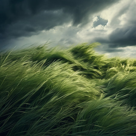 a photo of wind-blown grass with storm clouds hovering above. this photorealistic fantasy-style image captures intense and dramatic lighting, reminiscent of national geographic photos. the highly textured green grass stands out against the contrasting shadows, creating a dark and moody landscape. ai generatedの素材