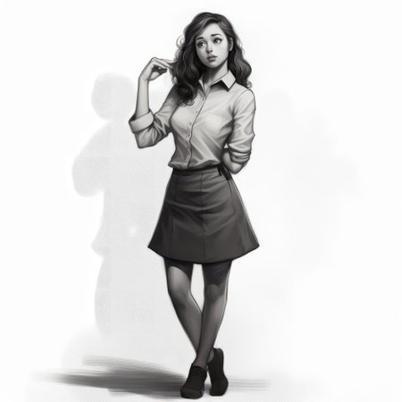 a woman is depicted in this black and white illustration, wearing a stylish skirt and black shoes. the artwork is inspired by the renowned artist raphael lacoste and showcases detailed character expressions. this studio portrait, created in a grayscale style, draws influence from dc comics and the charming characters of lois van baarle. ai generatedの素材