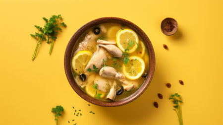 a bowl of chicken stew with lemon and rosemary, captured in the style of ahmed morsi, exudes youthful energy. set against a vibrant yellow background, the dish is presented with a light gold and navy color palette, creating a visually striking contrast. the fluid and organic composition, reminiscent of the works of janek sedlar and peter mitchev, adds an artistic touch to this enticing culinaryの素材