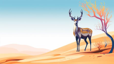 deer standing in desert on sunny day, simple colorful illustration style, dark sky-blue and amber backdrop, dappled panoramic scale, light gray and orange hues. ai generatedの素材