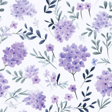 purple floral background with a seamless pattern of lila flowers and green leaves. the dreamy watercolor style adds a touch of elegance to the light gray and dark blue hues. the refined simplicity of the design is enhanced by the white background, while the light purple and light blue accents create a whimsical and flowing effect. a truly captivating and enchanting illustration. ai generatedの素材