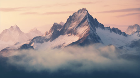 a stunning hd desktop wallpaper featuring a mountain range in a layered imagery style with subtle irony. the atmosphere is dreamy and the resolution is 8k, providing a realistic landscape with soft, tonal colors. the post-processing and matte photo techniques create a painterly scene that is visually captivating. ai generatedの素材