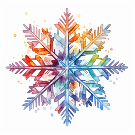 an abstract watercolor snowflake with colorful berries on the background, showcasing the vibrant and eclectic style of rainbowcore, dark white, and light azure. this celestialpunk-inspired artwork combines elements of warmcore, woodblock prints, xmaspunk, and iconic designs, creating a visually striking and unique composition. ai generatedの素材